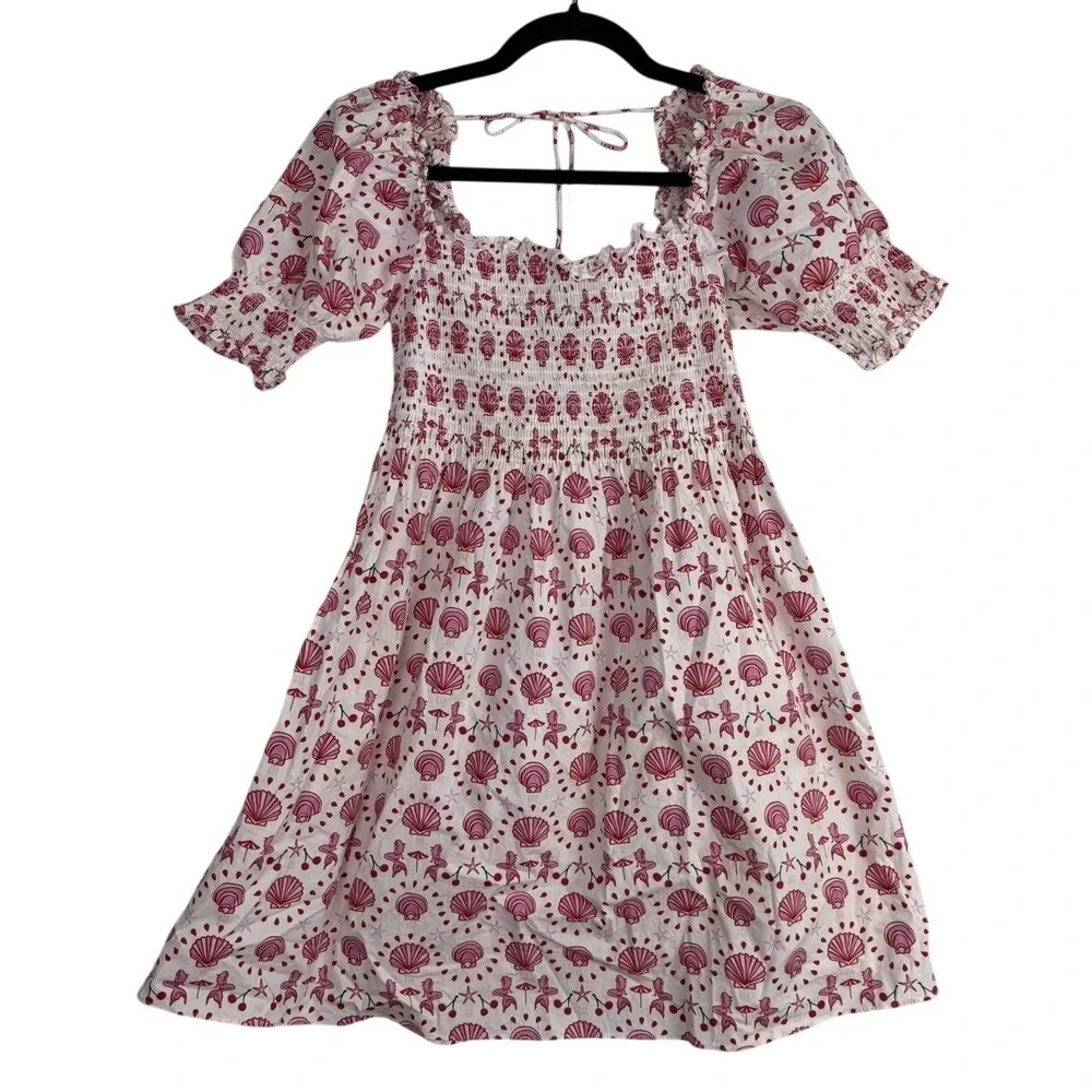 Hill House Home Mermaid Nap Dress Pink‎ Red Seashell Smocked Puff Sleeve Boho XS